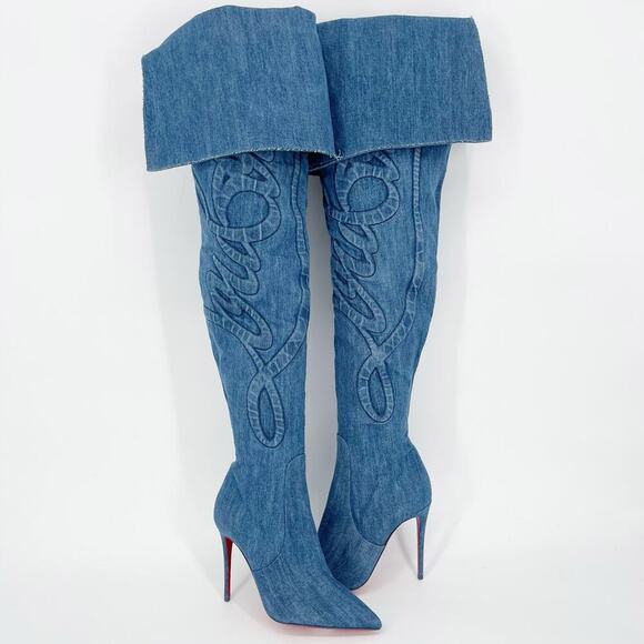 Christian Louboutin Denim Kate Botta Alta Loubijeans Over the Knee Boot EU 37.5 - Picture 1 of 16